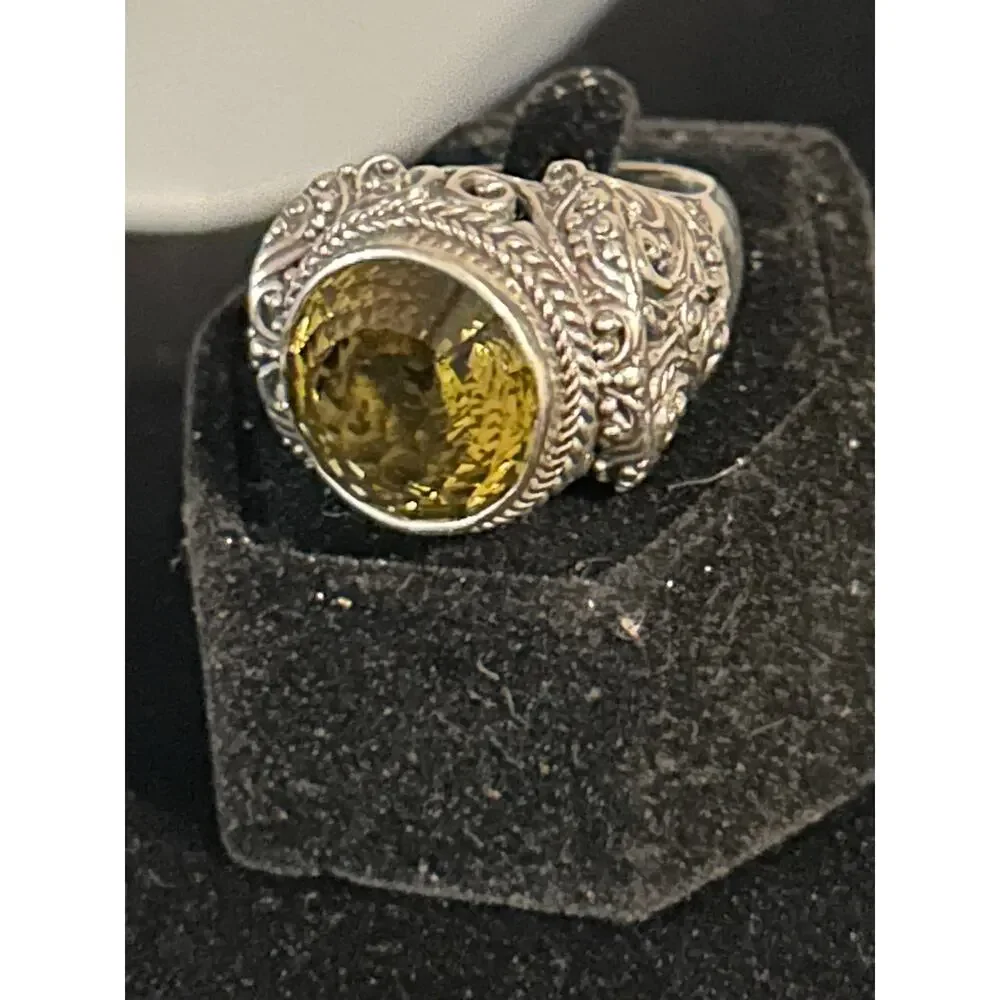 Sarda Sterling Silver 925 Filigree Peridot Statement Ring - Size 7